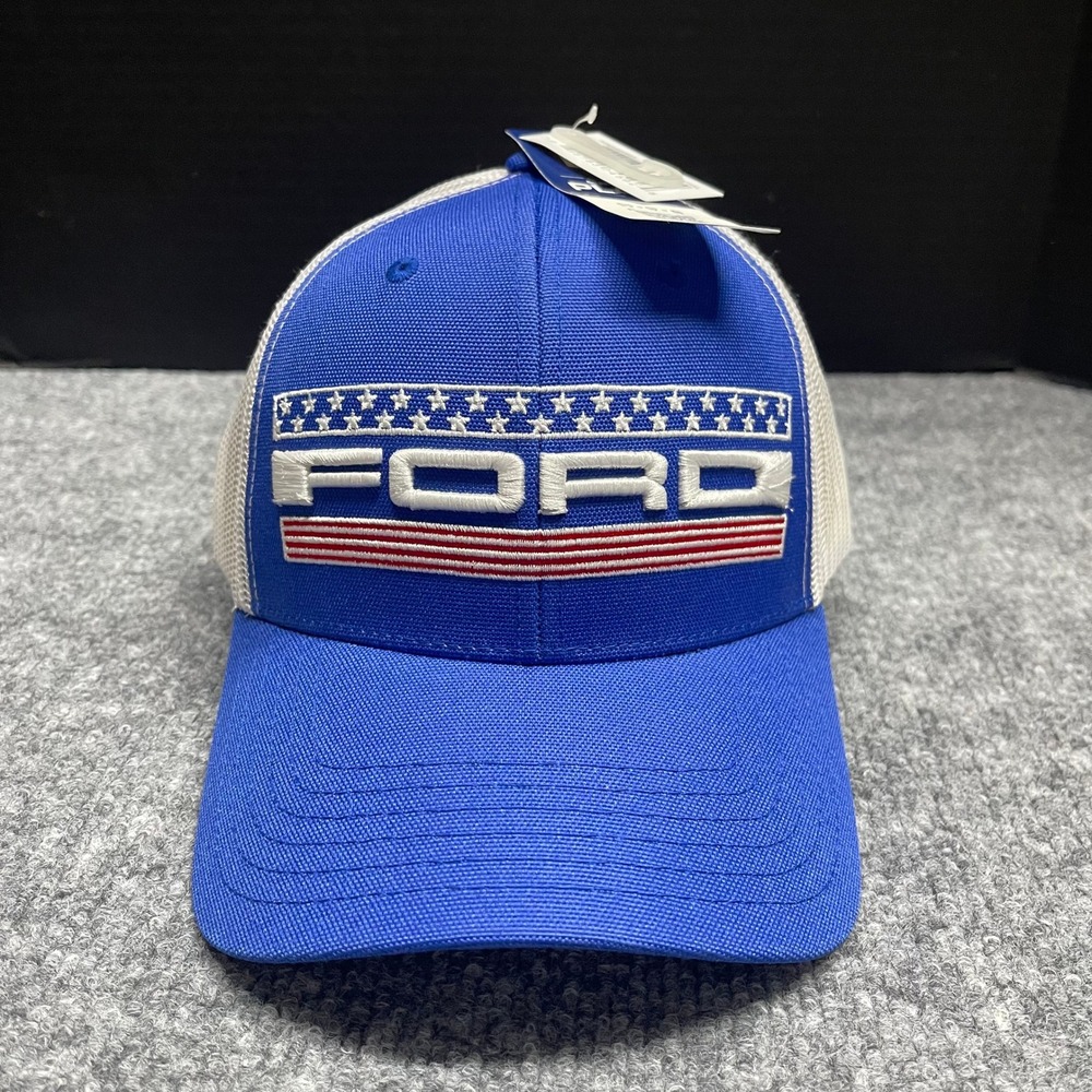 Ford Trucker Hat Men Royal Blue White Stars and Stripes Logo Snapback Retro Mesh